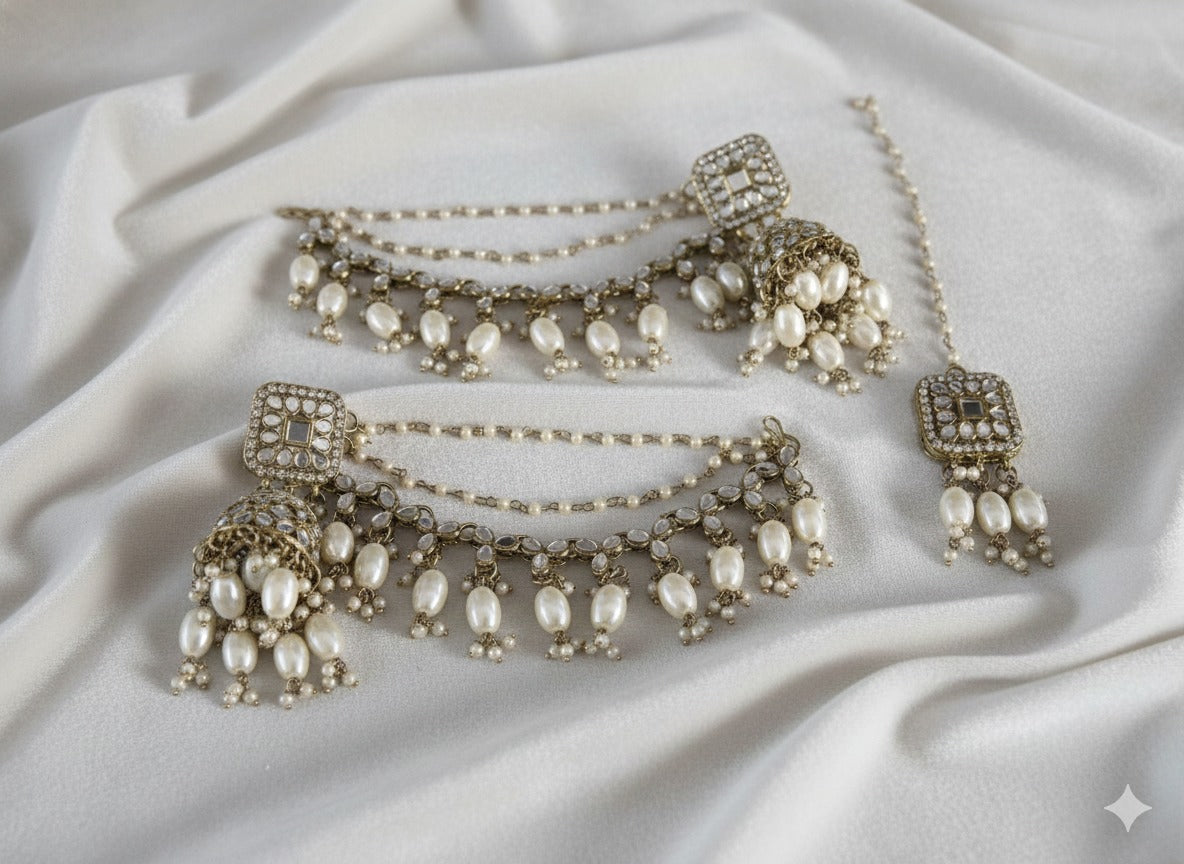 Heavy Festive Earrings with Pearl Ear Chains & Maang Tikka